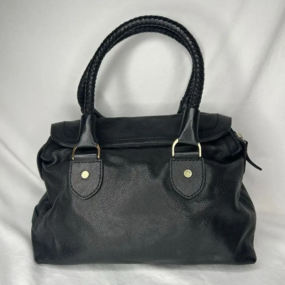 Cole Haan Black Pebbled Leather Shoulder Bag Braided Handles Magnetic Closure